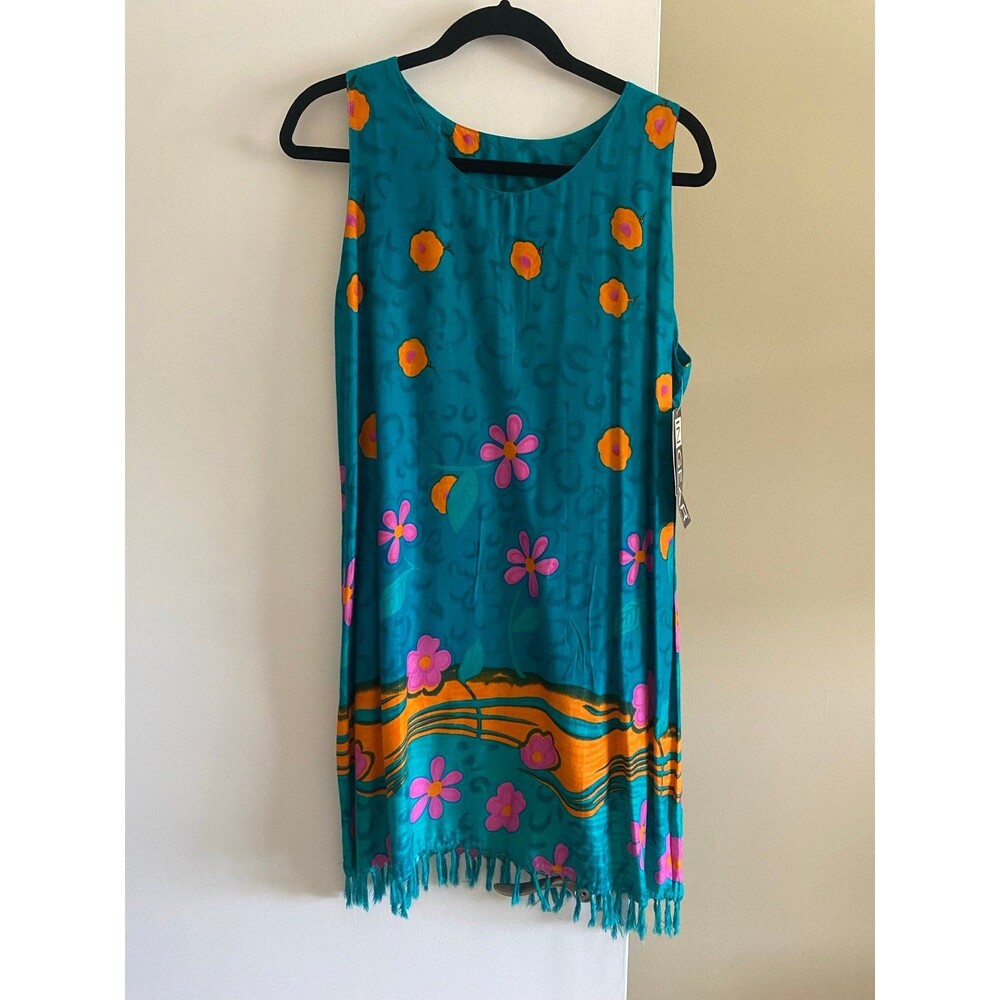 Turquoise Sleeveless Cover Up Dress with Pink and Orange Flowers Medium NWT